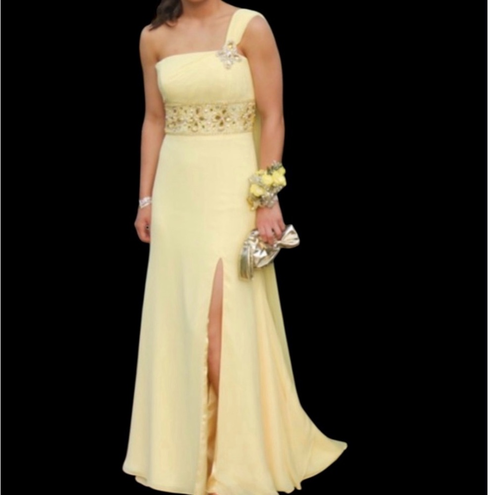 Le Gala Yellow Chiffon Prom Dress Style 111531 Beaded Empire Waist Gown